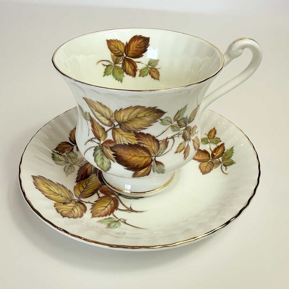 Vintage Paragon Tea Cup Saucer Autumn Leaves England Gold Trim Queen Warrant 60s